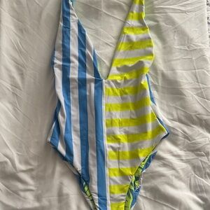 Maaji Blue and Neon Yellow Striped One-Piece Swimsuit